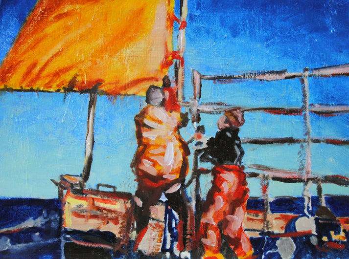 painting of men lobstering on boat